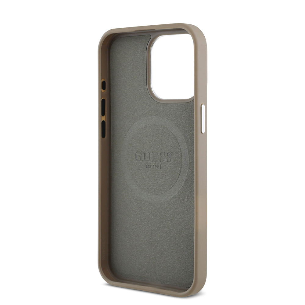 Apple iPhone 14 Pro Max Kılıf Guess Orjinal Lisanslı M-safe Şarj Özellikli Grained Triangle Kapak Kahverengi