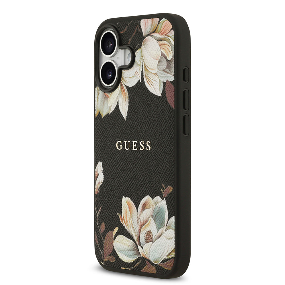Apple iPhone 17 Kılıf Guess Orjinal Lisanslı M-safe Şarj Özellikli Taneli Çiçek Tasarımlı Metal Yazı Logolu Kapak Siyah