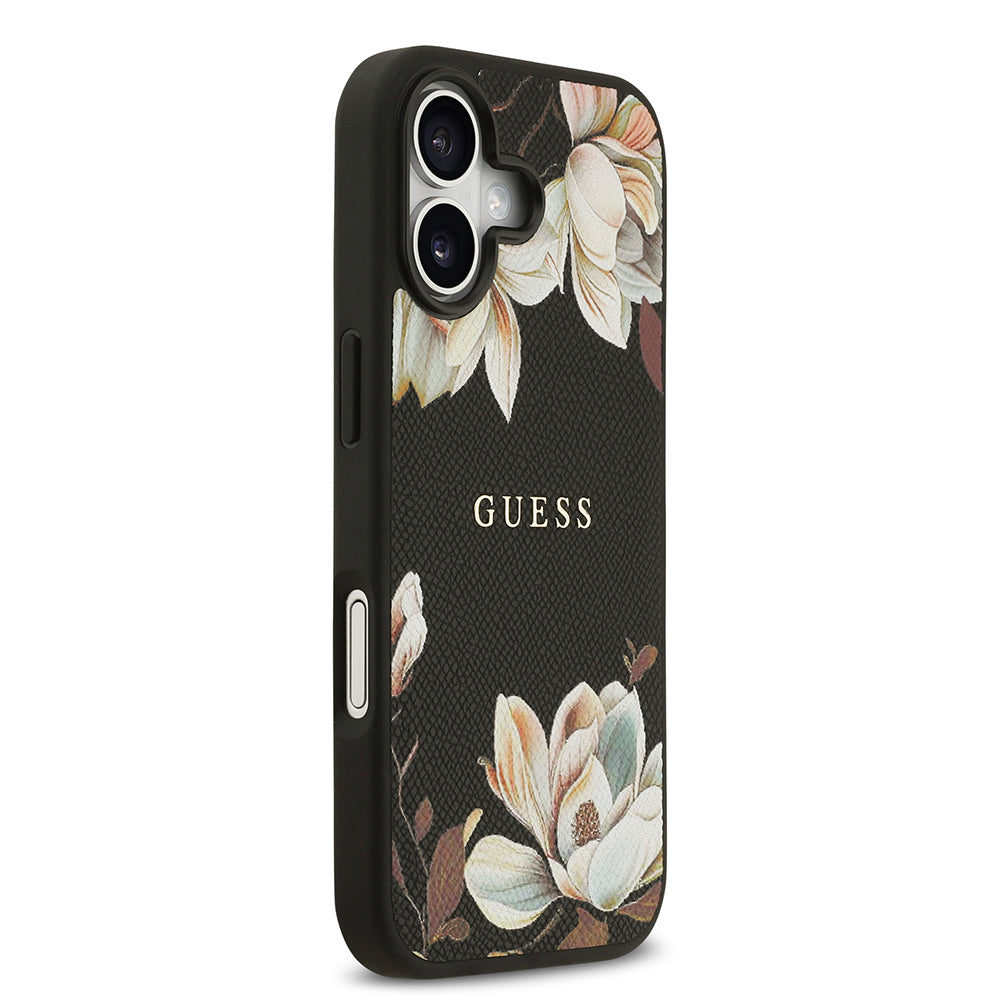 Apple iPhone 17 Kılıf Guess Orjinal Lisanslı M-safe Şarj Özellikli Taneli Çiçek Tasarımlı Metal Yazı Logolu Kapak Siyah