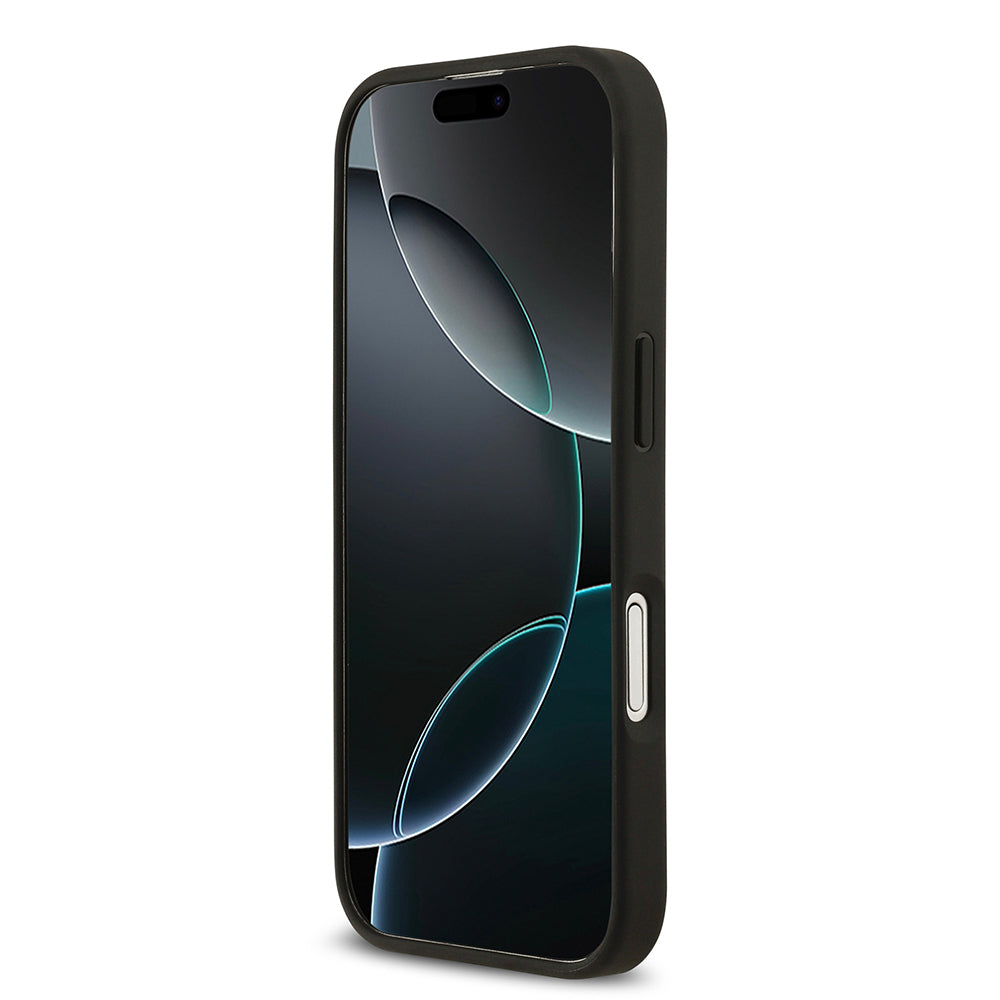 Apple iPhone 17 Kılıf Guess Orjinal Lisanslı M-safe Şarj Özellikli Taneli Çiçek Tasarımlı Metal Yazı Logolu Kapak Siyah