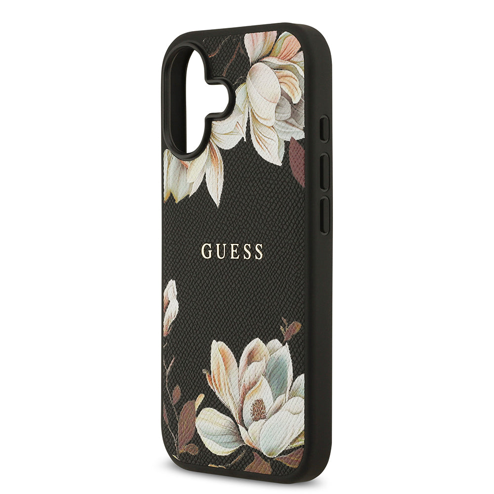 Apple iPhone 17 Kılıf Guess Orjinal Lisanslı M-safe Şarj Özellikli Taneli Çiçek Tasarımlı Metal Yazı Logolu Kapak Siyah
