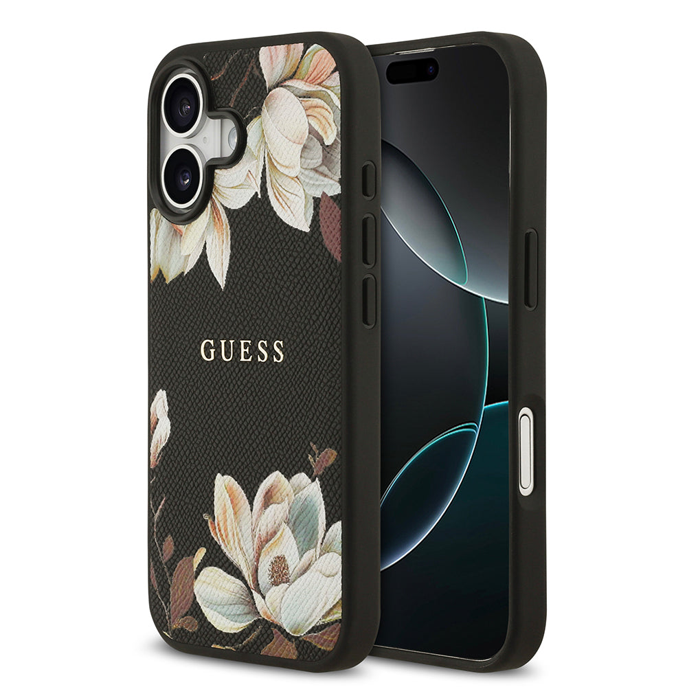 Apple iPhone 17 Kılıf Guess Orjinal Lisanslı M-safe Şarj Özellikli Taneli Çiçek Tasarımlı Metal Yazı Logolu Kapak Siyah
