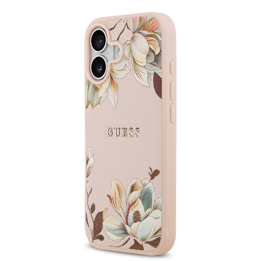 Apple iPhone 17 Kılıf Guess Orjinal Lisanslı M-safe Şarj Özellikli Taneli Çiçek Tasarımlı Metal Yazı Logolu Kapak Pembe