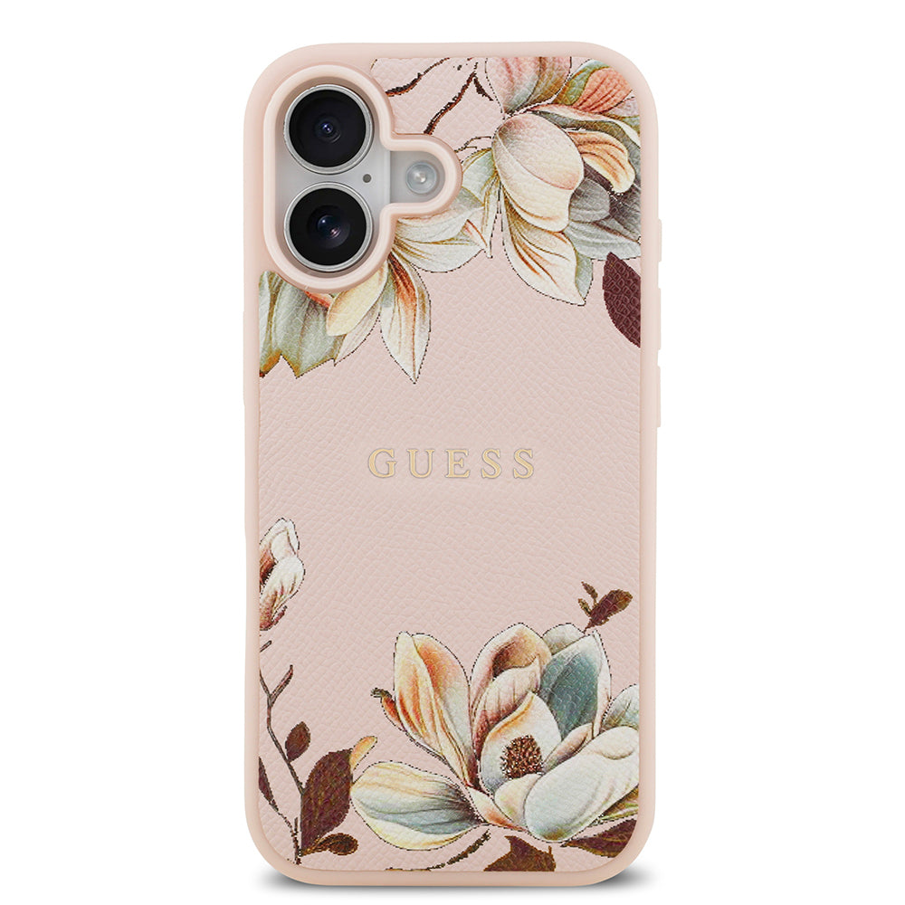 Apple iPhone 17 Kılıf Guess Orjinal Lisanslı M-safe Şarj Özellikli Taneli Çiçek Tasarımlı Metal Yazı Logolu Kapak Pembe