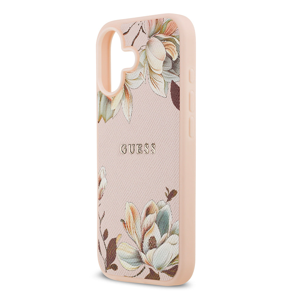 Apple iPhone 17 Kılıf Guess Orjinal Lisanslı M-safe Şarj Özellikli Taneli Çiçek Tasarımlı Metal Yazı Logolu Kapak Pembe