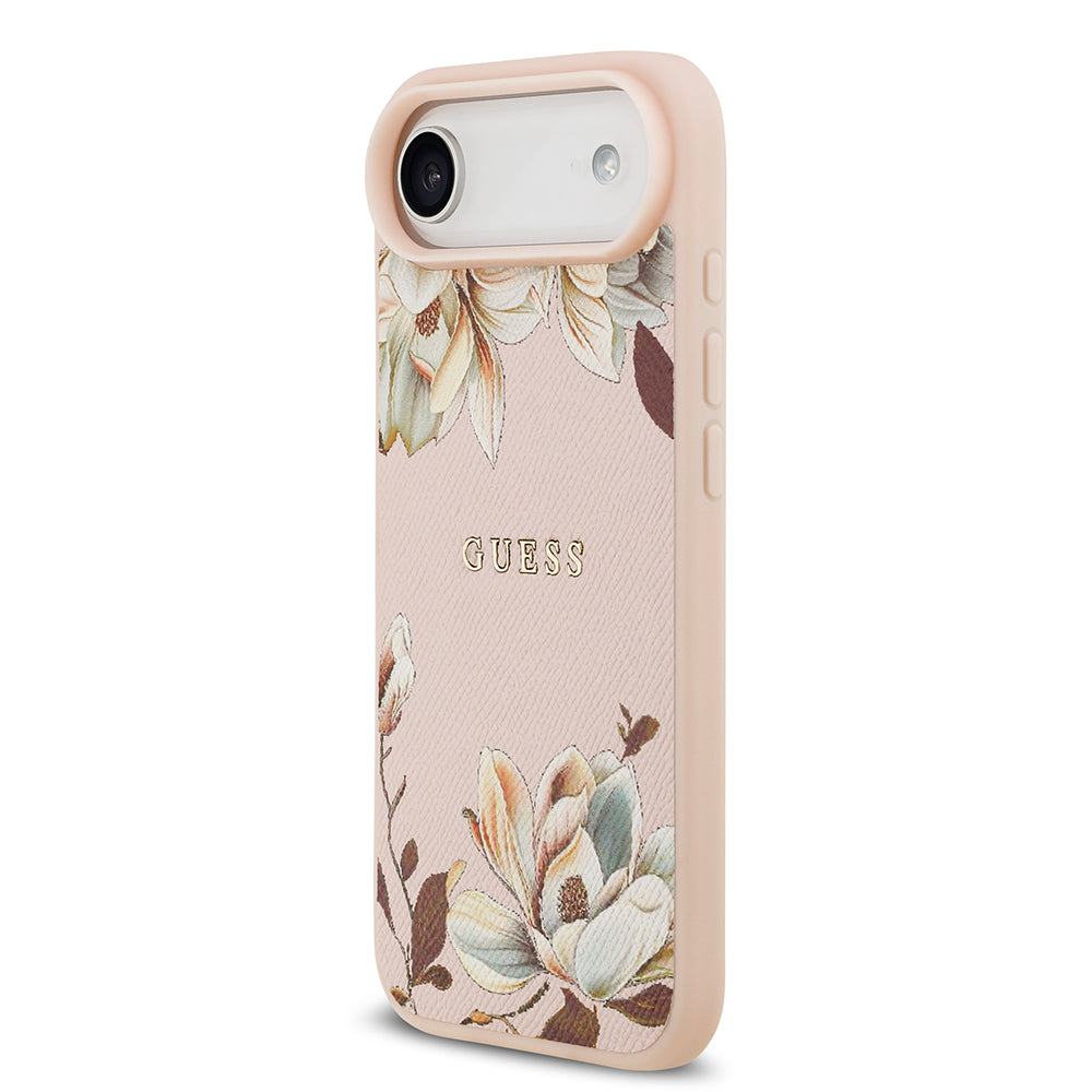 Apple iPhone 17 Air Kılıf Guess Orjinal Lisanslı M-safe Şarj Özellikli Taneli Çiçek Tasarımlı Metal Yazı Logolu Kapak Pembe