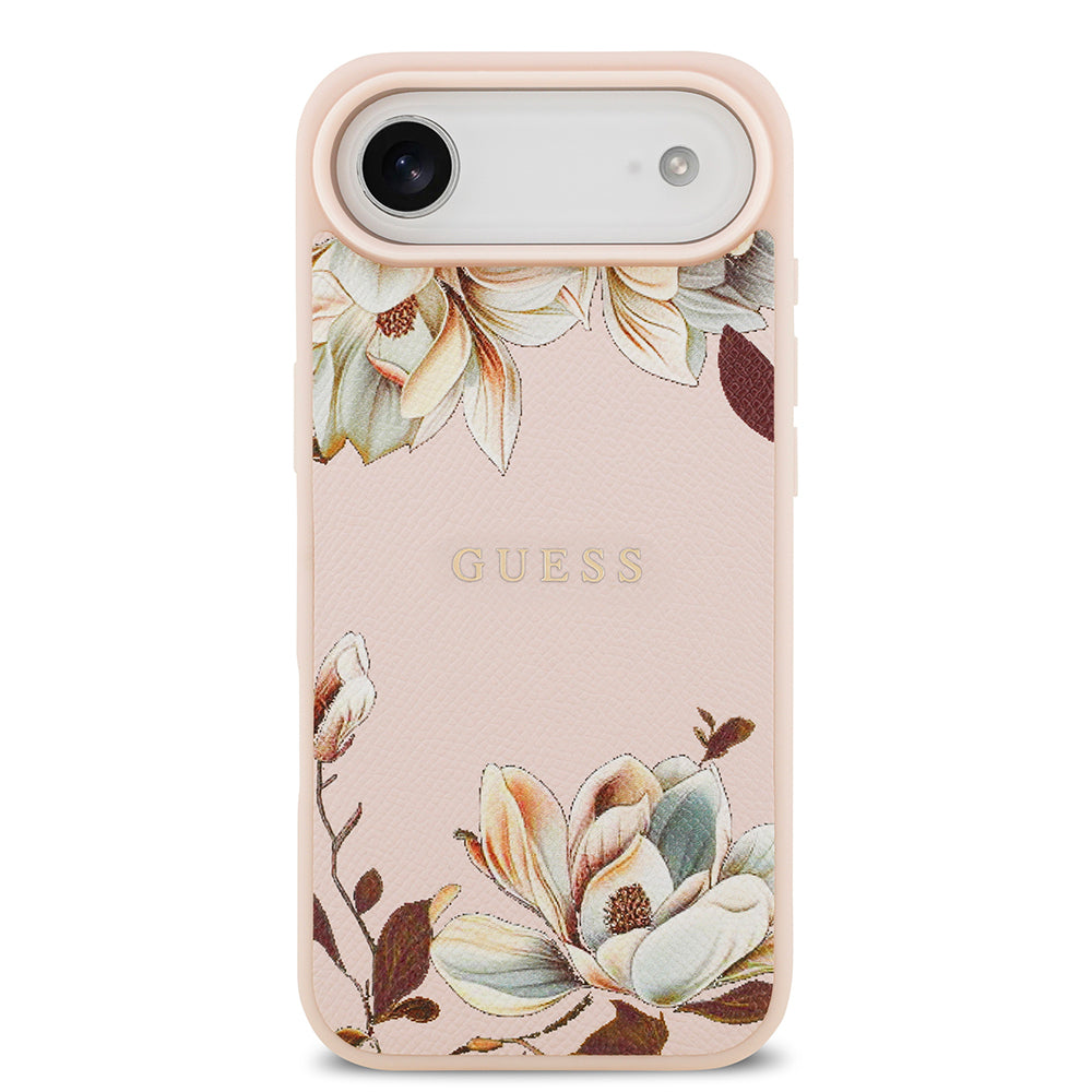 Apple iPhone 17 Air Kılıf Guess Orjinal Lisanslı M-safe Şarj Özellikli Taneli Çiçek Tasarımlı Metal Yazı Logolu Kapak Pembe