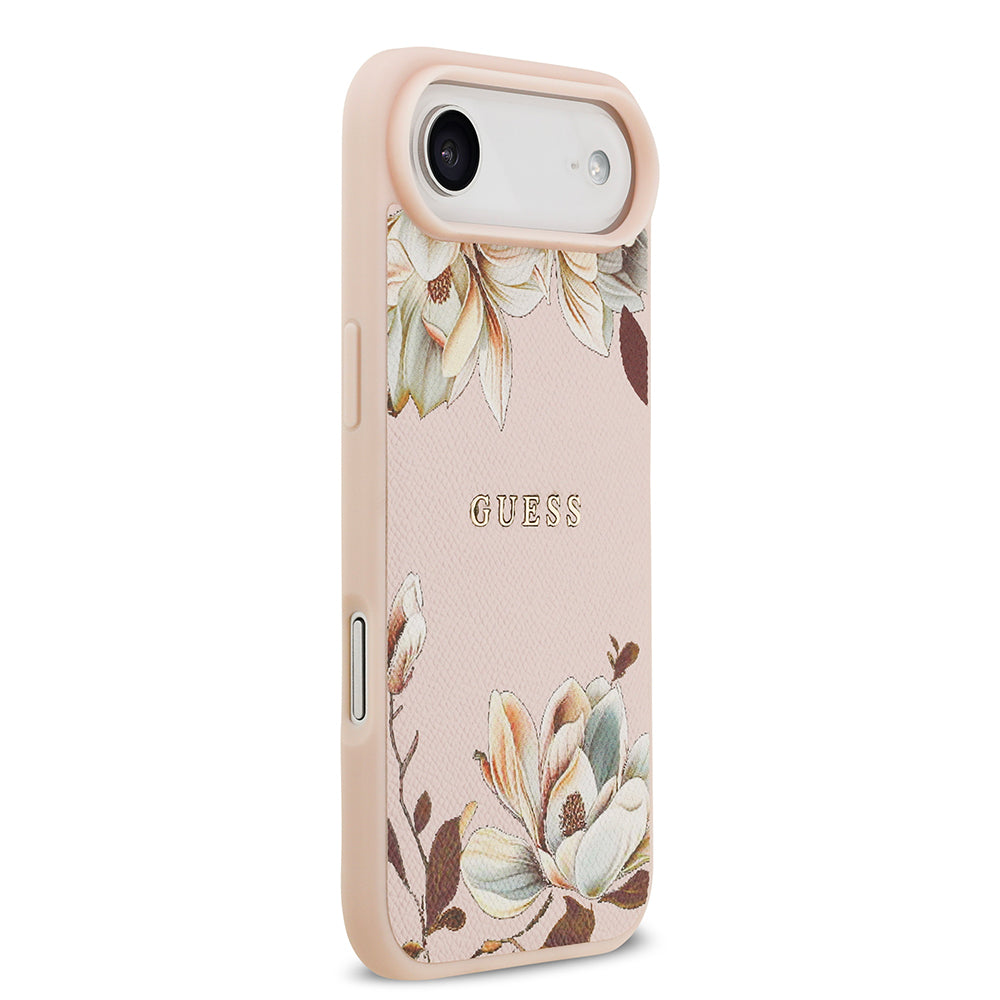 Apple iPhone 17 Air Kılıf Guess Orjinal Lisanslı M-safe Şarj Özellikli Taneli Çiçek Tasarımlı Metal Yazı Logolu Kapak Pembe