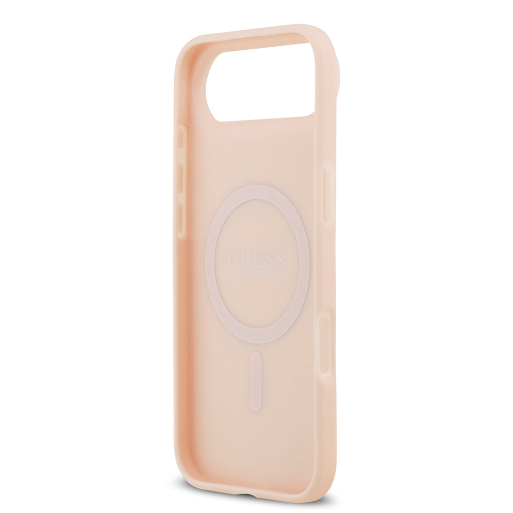 Apple iPhone 17 Air Kılıf Guess Orjinal Lisanslı M-safe Şarj Özellikli Taneli Çiçek Tasarımlı Metal Yazı Logolu Kapak Pembe