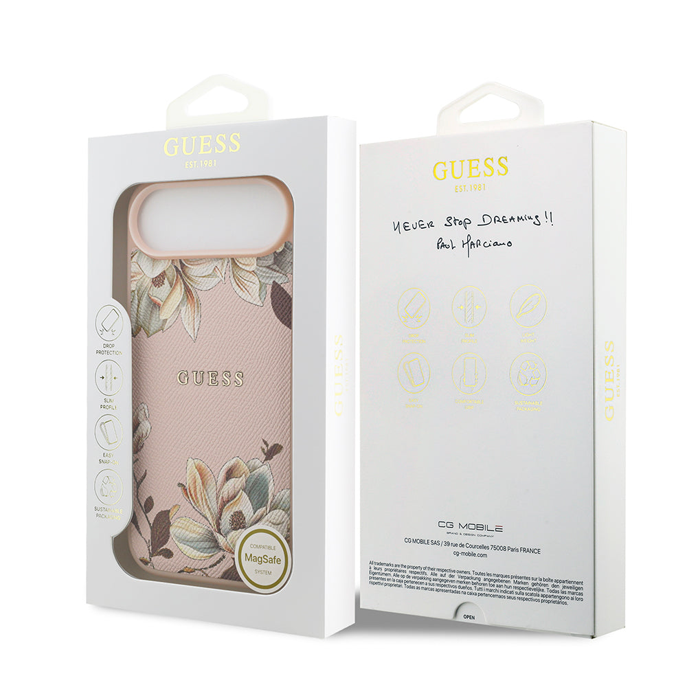 Apple iPhone 17 Air Kılıf Guess Orjinal Lisanslı M-safe Şarj Özellikli Taneli Çiçek Tasarımlı Metal Yazı Logolu Kapak Pembe