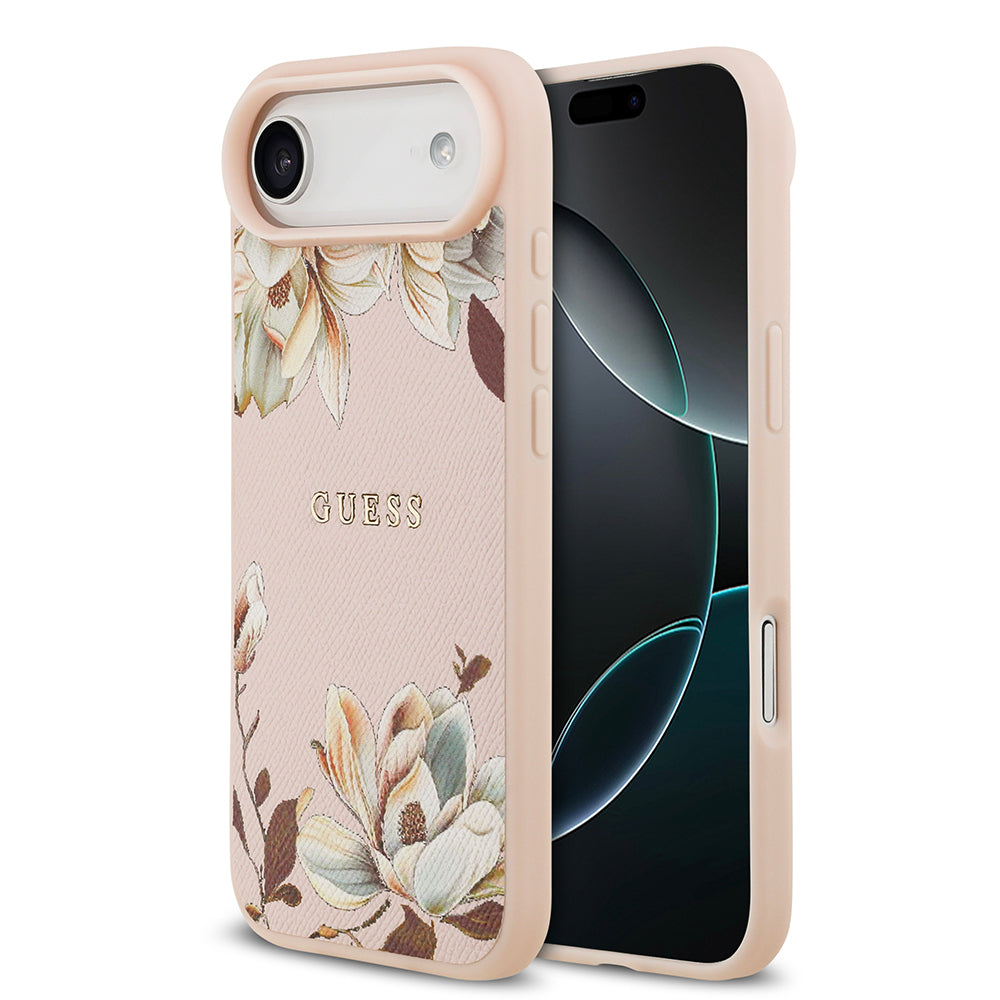 Apple iPhone 17 Air Kılıf Guess Orjinal Lisanslı M-safe Şarj Özellikli Taneli Çiçek Tasarımlı Metal Yazı Logolu Kapak Pembe