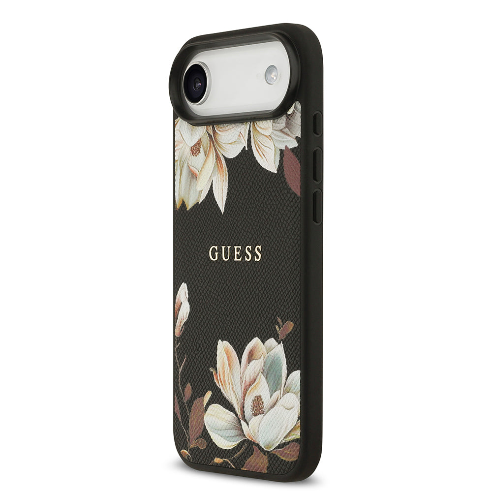 Apple iPhone 17 Air Kılıf Guess Orjinal Lisanslı M-safe Şarj Özellikli Taneli Çiçek Tasarımlı Metal Yazı Logolu Kapak Siyah
