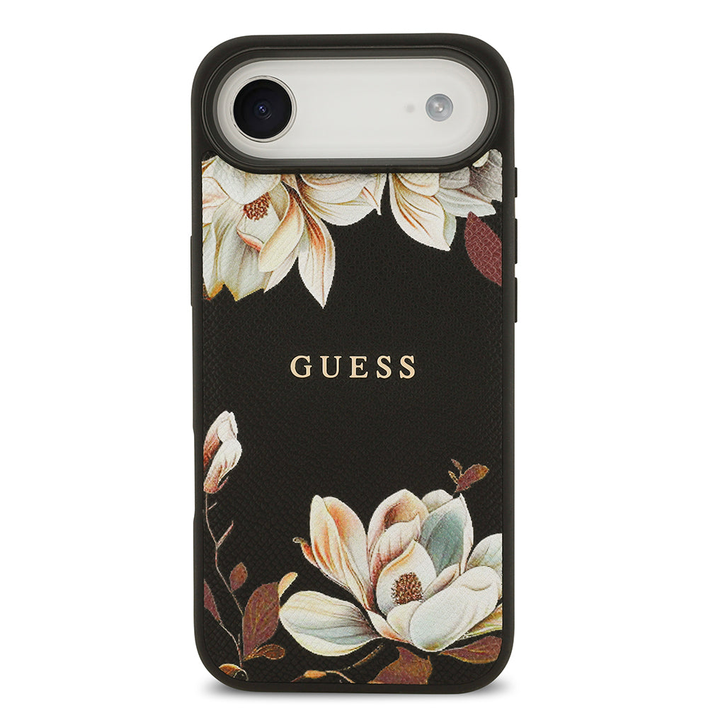 Apple iPhone 17 Air Kılıf Guess Orjinal Lisanslı M-safe Şarj Özellikli Taneli Çiçek Tasarımlı Metal Yazı Logolu Kapak Siyah