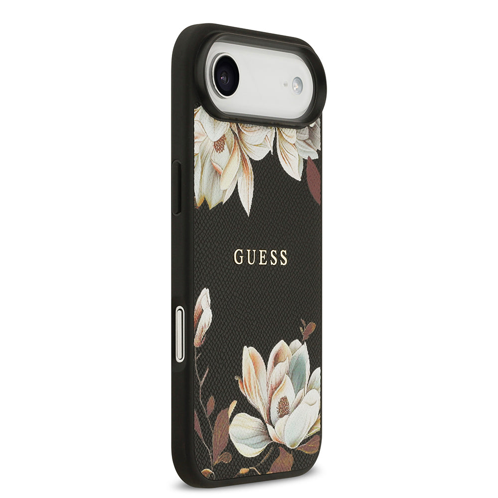 Apple iPhone 17 Air Kılıf Guess Orjinal Lisanslı M-safe Şarj Özellikli Taneli Çiçek Tasarımlı Metal Yazı Logolu Kapak Siyah