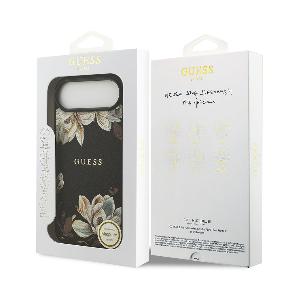 Apple iPhone 17 Air Kılıf Guess Orjinal Lisanslı M-safe Şarj Özellikli Taneli Çiçek Tasarımlı Metal Yazı Logolu Kapak Siyah