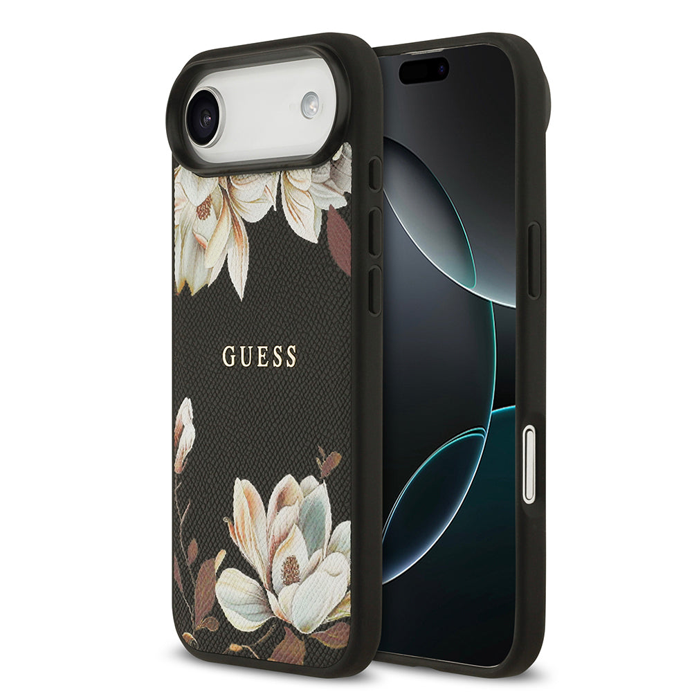 Apple iPhone 17 Air Kılıf Guess Orjinal Lisanslı M-safe Şarj Özellikli Taneli Çiçek Tasarımlı Metal Yazı Logolu Kapak Siyah