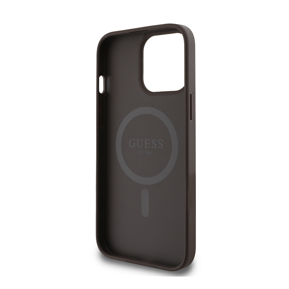 Apple iPhone 14 Pro Max Kılıf Guess Orjinal Lisanslı Magsafe Şarj Özellikli 4G Desen Yazı Logolu Kapak Kahverengi