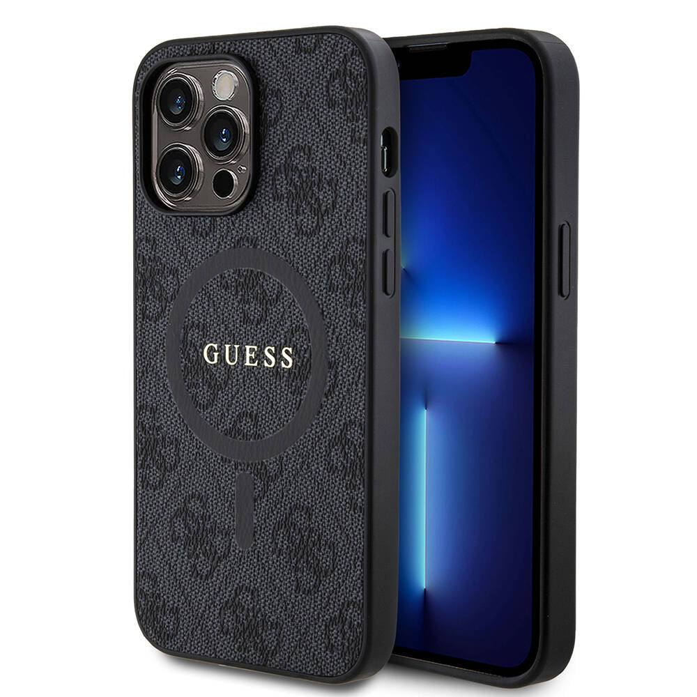 Apple iPhone 14 Pro Max Kılıf Guess Orjinal Lisanslı Magsafe Şarj Özellikli PU Halkalı 4G Desenli Yazı Logolu Kapak Pembe