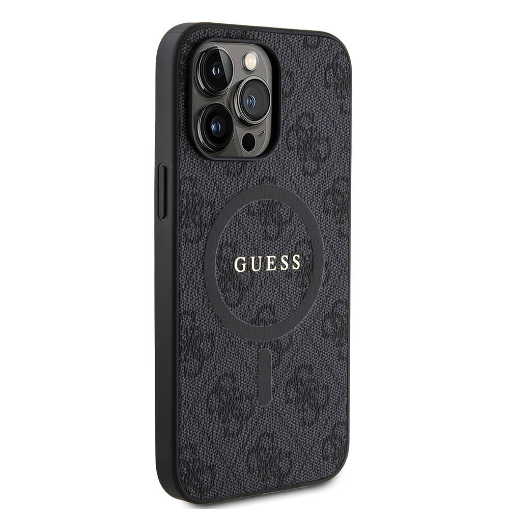 Apple iPhone 14 Pro Max Kılıf Guess Orjinal Lisanslı Magsafe Şarj Özellikli PU Halkalı 4G Desenli Yazı Logolu Kapak Pembe