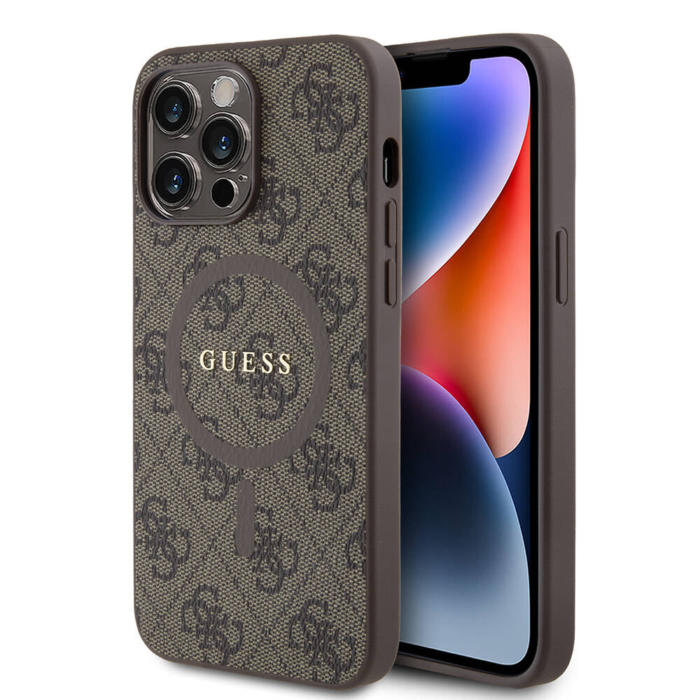 Apple iPhone 14 Pro Max Kılıf Guess Orjinal Lisanslı Magsafe Şarj Özellikli PU Halkalı 4G Desenli Yazı Logolu Kapak Pembe