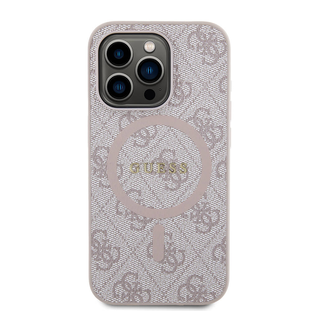 Apple iPhone 14 Pro Max Kılıf Guess Orjinal Lisanslı Magsafe Şarj Özellikli PU Halkalı 4G Desenli Yazı Logolu Kapak Pembe