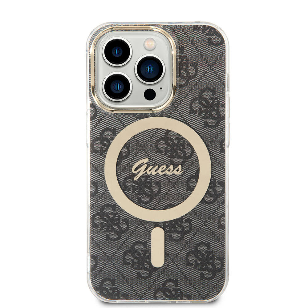 Apple iPhone 14 Pro Max Kılıf Guess Orjinal Lisanslı Magsafe Şarj Özellikli Yazı Logolu 4G Desenli Kapak Siyah