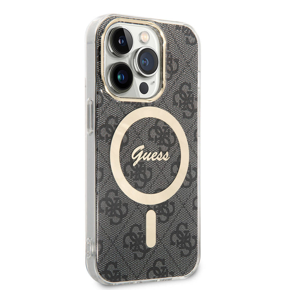 Apple iPhone 14 Pro Max Kılıf Guess Orjinal Lisanslı Magsafe Şarj Özellikli Yazı Logolu 4G Desenli Kapak Kahverengi