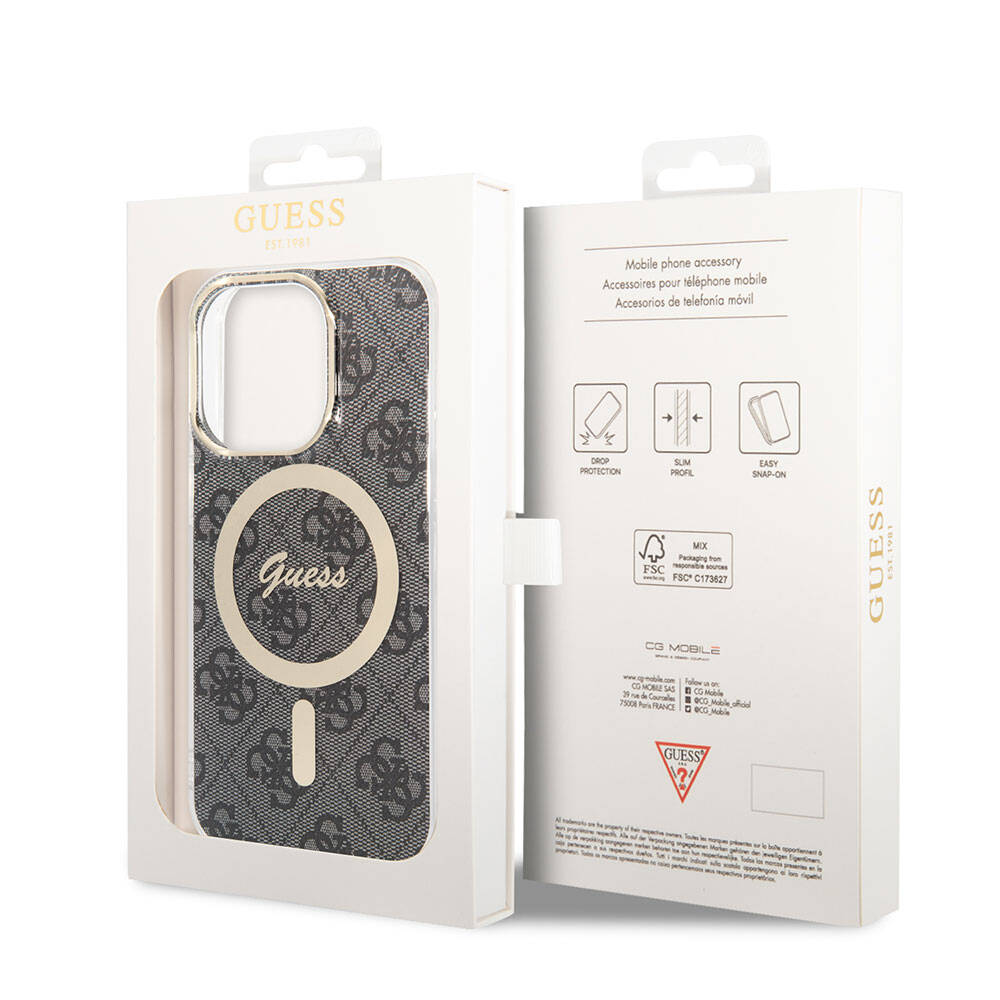 Apple iPhone 14 Pro Max Kılıf Guess Orjinal Lisanslı Magsafe Şarj Özellikli Yazı Logolu 4G Desenli Kapak Kahverengi