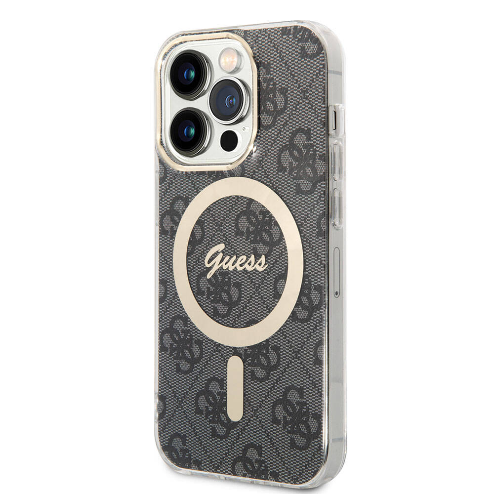 Apple iPhone 14 Pro Max Kılıf Guess Orjinal Lisanslı Magsafe Şarj Özellikli Yazı Logolu 4G Desenli Kapak Siyah