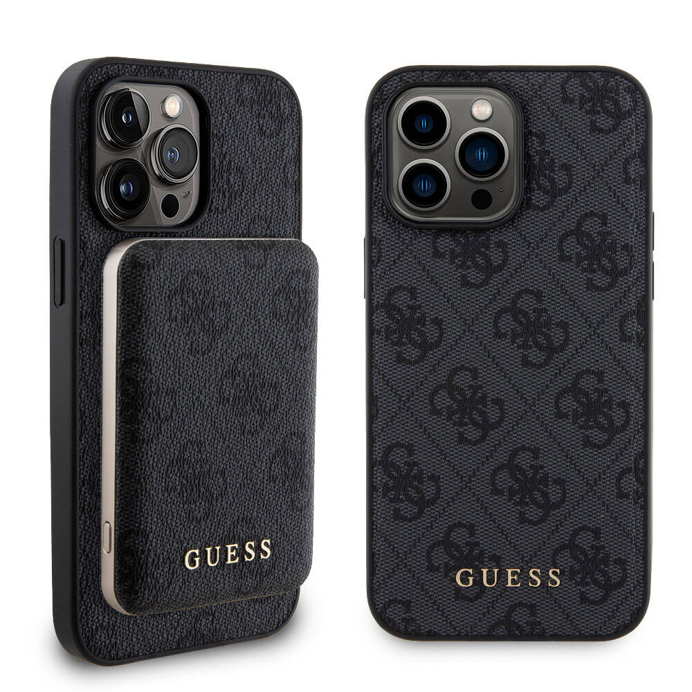 Apple iPhone 14 Pro Max Kılıf Guess Orjinal Lisanslı Magsafe Şarj Özellikli Yazı Logolu 4G Desenli Kapak + Powerbank 5000mAh 2in1 Set Kahverengi