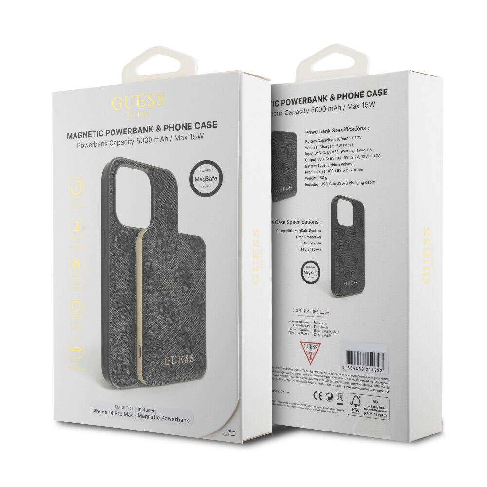 Apple iPhone 14 Pro Max Kılıf Guess Orjinal Lisanslı Magsafe Şarj Özellikli Yazı Logolu 4G Desenli Kapak + Powerbank 5000mAh 2in1 Set Siyah