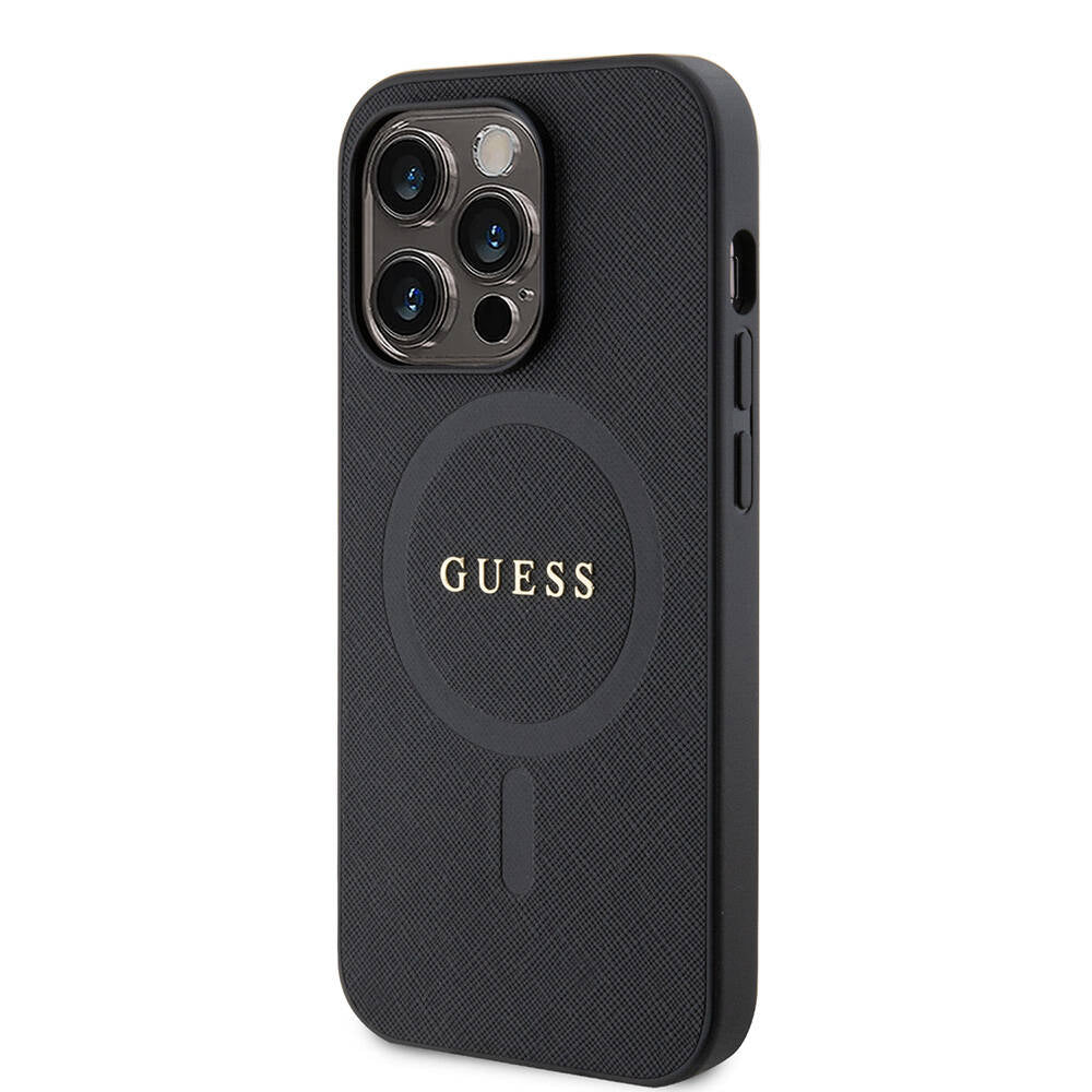 Apple iPhone 14 Pro Max Kılıf Guess Orjinal Lisanslı Magsafe Şarj Özellikli Yazı Logolu Saffiano Kapak Siyah