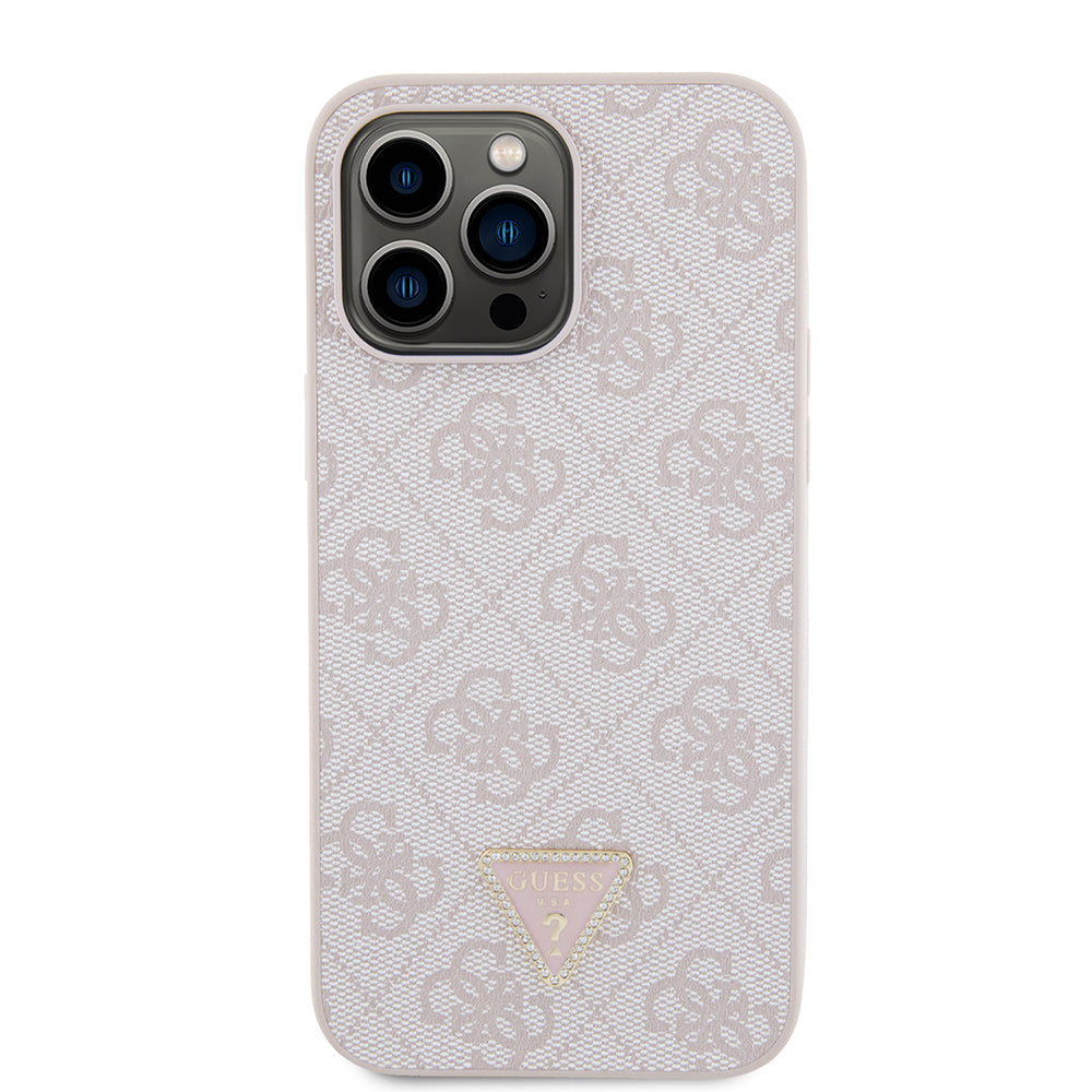 Apple iPhone 14 Pro Max Kılıf Guess Orjinal Lisanslı PU Deri Taşlı Metal Üçgen Logolu Çapraz Vücut Askılı 4G Desenli Kapak Pembe