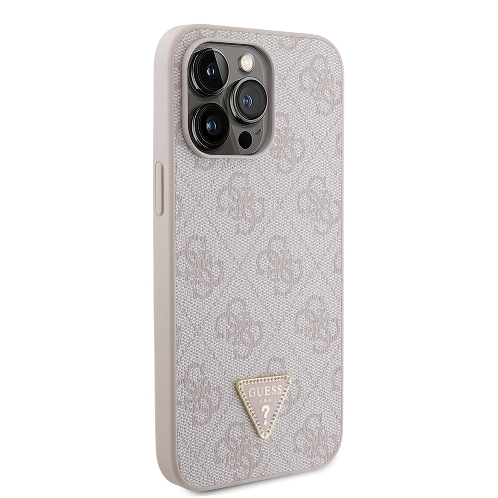 Apple iPhone 14 Pro Max Kılıf Guess Orjinal Lisanslı PU Deri Taşlı Metal Üçgen Logolu Çapraz Vücut Askılı 4G Desenli Kapak Pembe