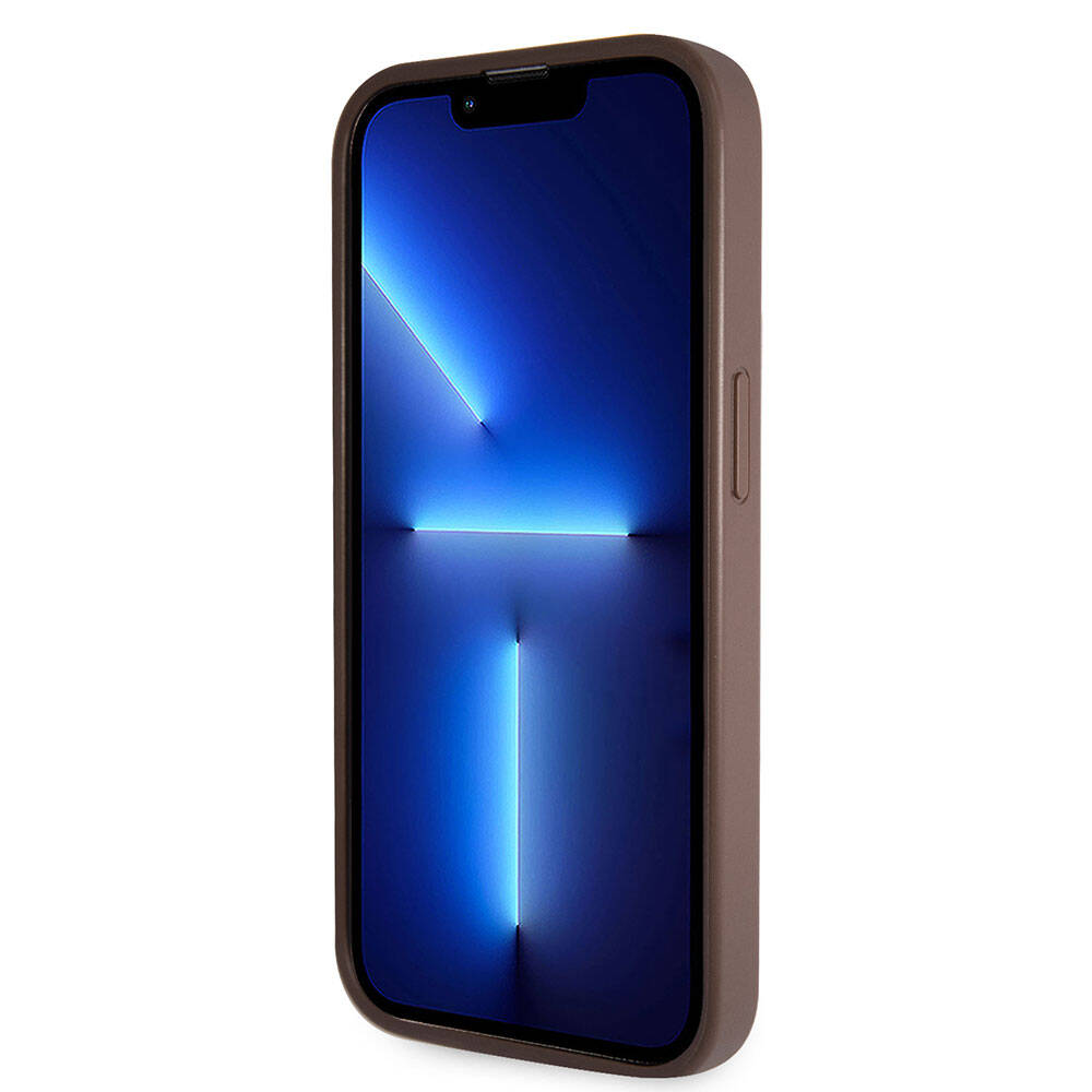 Apple iPhone 14 Pro Max Kılıf Guess Orjinal Lisanslı PU Deri Taşlı Üçgen Logo 4G Desenli Kapak Kahverengi