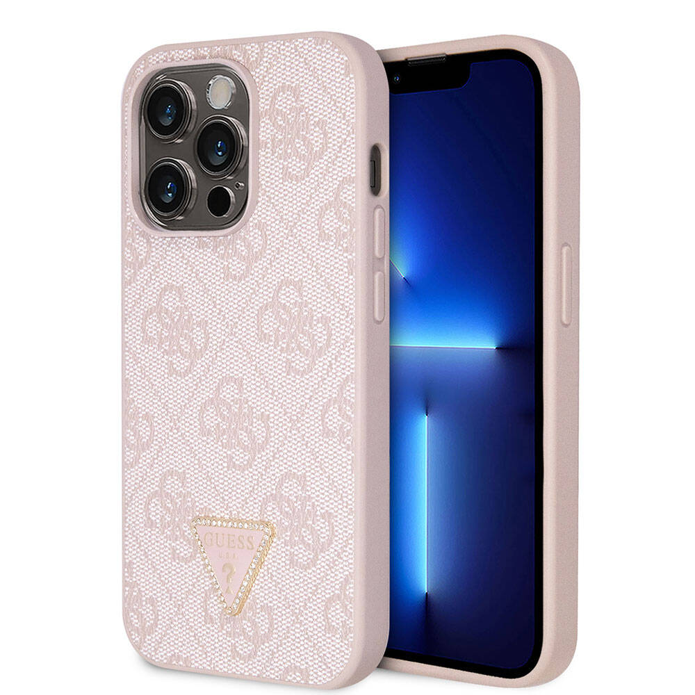 Apple iPhone 14 Pro Max Kılıf Guess Orjinal Lisanslı PU Deri Taşlı Üçgen Logo 4G Desenli Kapak Kahverengi
