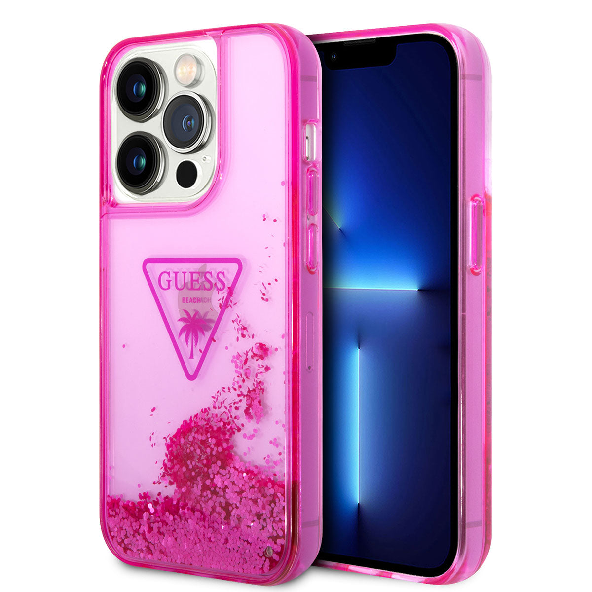 Apple iPhone 14 Pro Max Kılıf GUESS Transparan Sıvılı Simli Dizayn Kapak Mor
