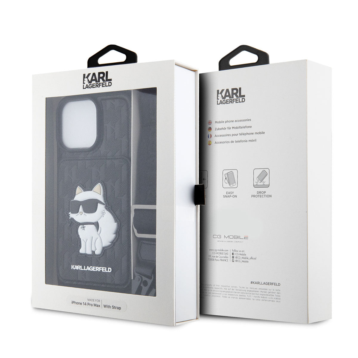 iPhone 14 Pro Max Kılıf Karl Lagerfeld Boyun Askılı Kartlıklı Choupette Dizayn Kılıf Siyah