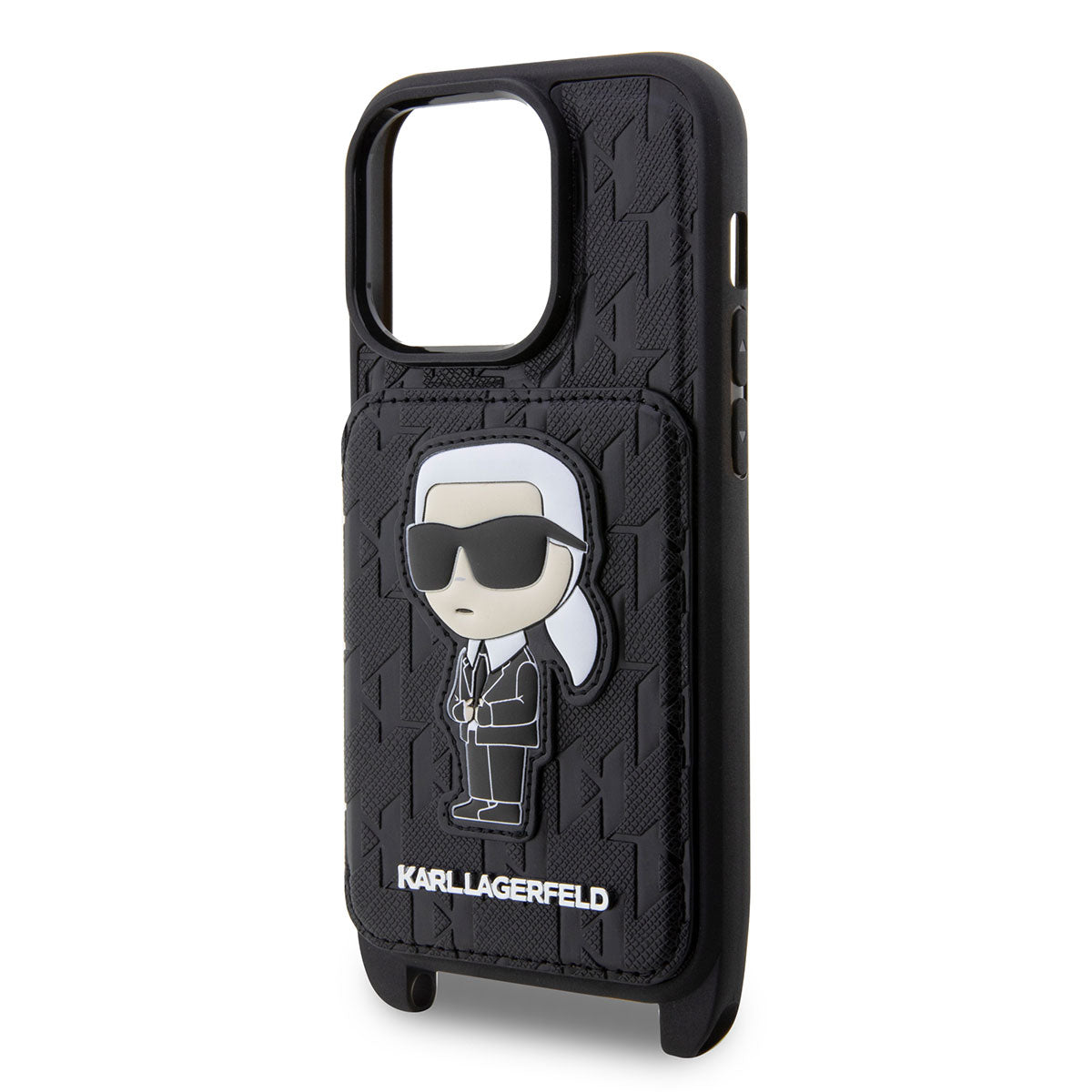 iPhone 14 Pro Max Kılıf Karl Lagerfeld Boyun Askılı Kartlıklı Karl Dizayn Kılıf Siyah