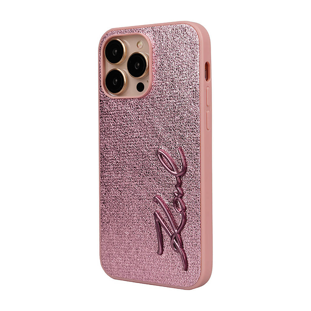 iPhone 14 Pro Max Kılıf Karl Lagerfeld Orjinal Lisanslı 3D KL Yazılı Tüylü Arka Yüzey Saffiano Rhinestones Kılıf Pembe