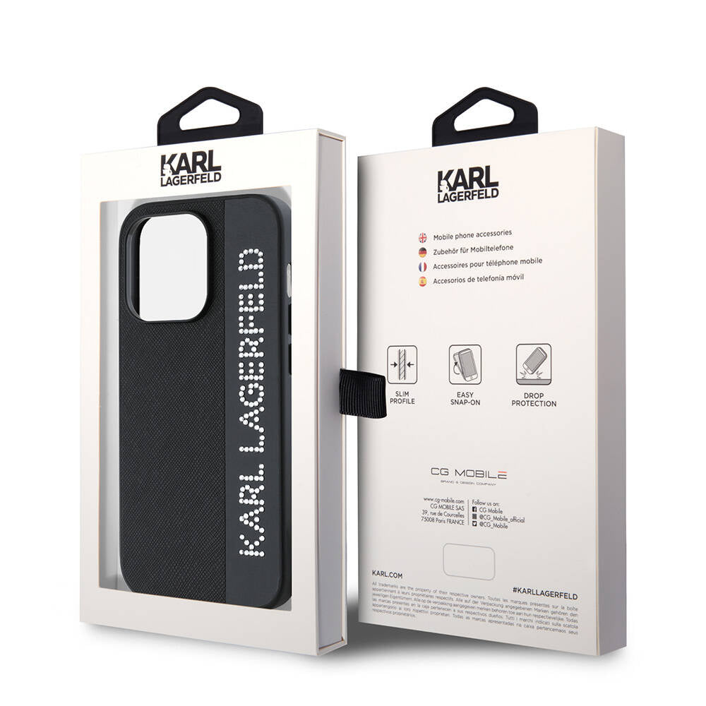 iPhone 14 Pro Max Kılıf Karl Lagerfeld Orjinal Lisanslı Anahtarlıklı Taşlı KL Yazılı Saffiano Rhinestones Kılıf Siyah