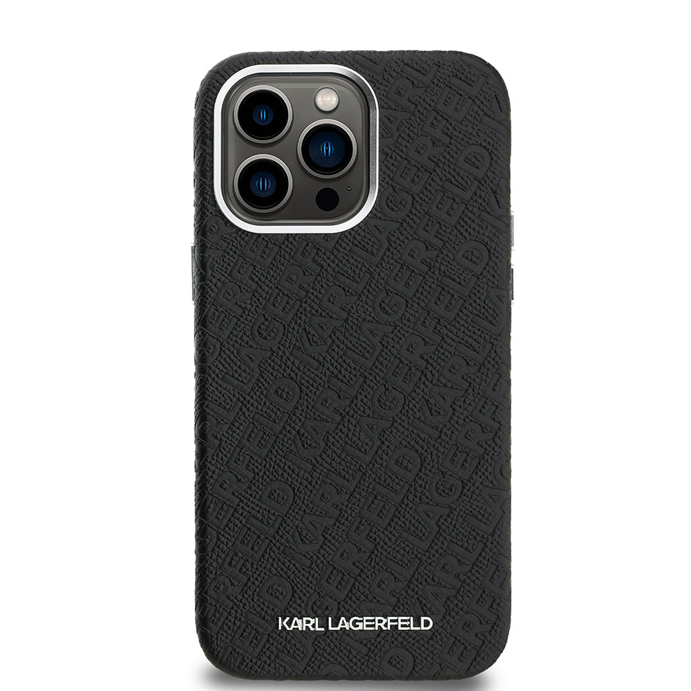 Apple iPhone 14 Pro Max Kılıf Karl Lagerfeld Orjinal Lisanslı PU Deri Damgalı Metal Yazı Logolu Kapak Siyah