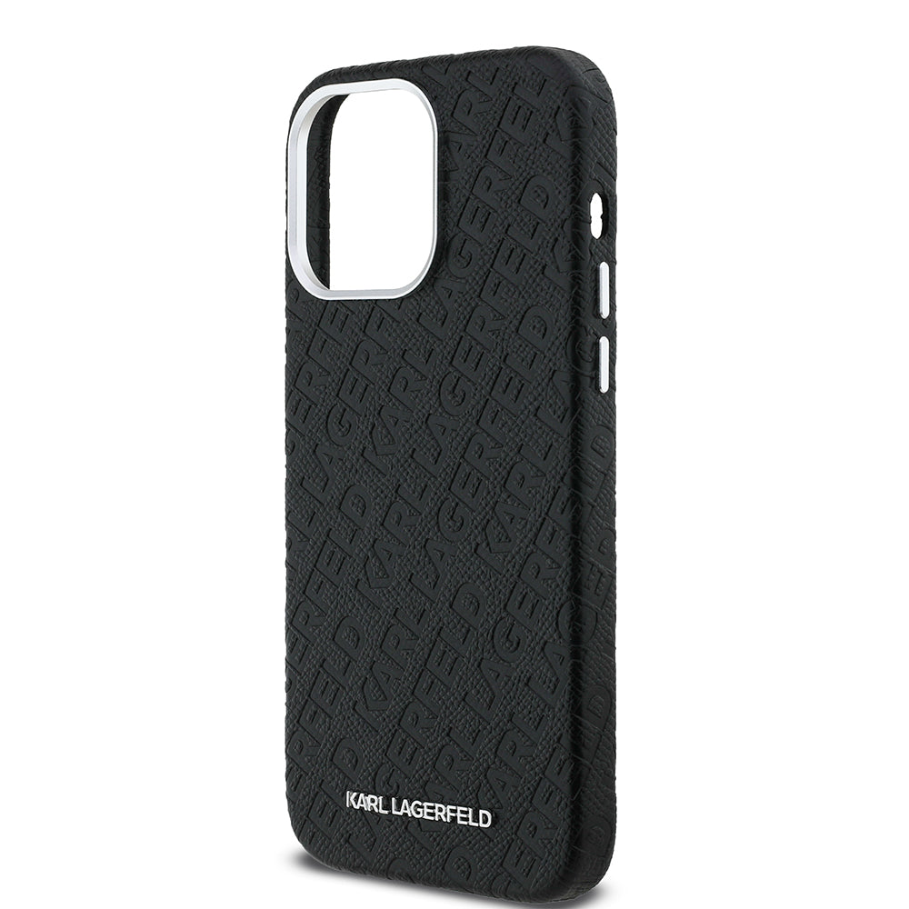 Apple iPhone 14 Pro Max Kılıf Karl Lagerfeld Orjinal Lisanslı PU Deri Damgalı Metal Yazı Logolu Kapak Siyah