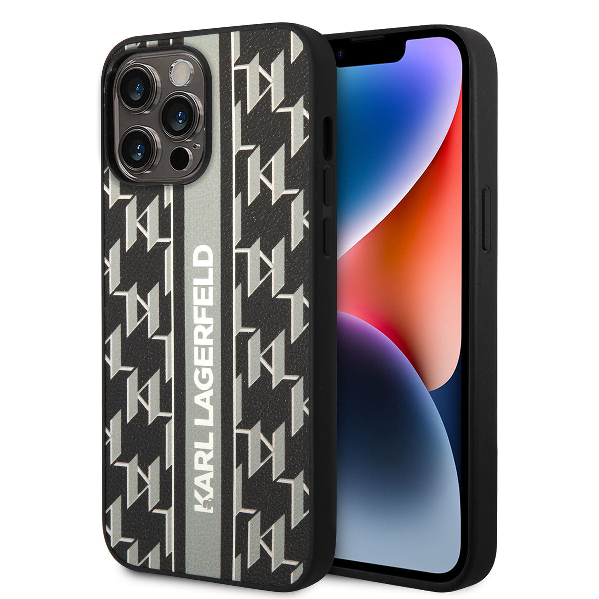 iPhone 14 Pro Max Kılıf Karl Lagerfeld PU Suni Deri Şerit Dizayn Kılıf Gri