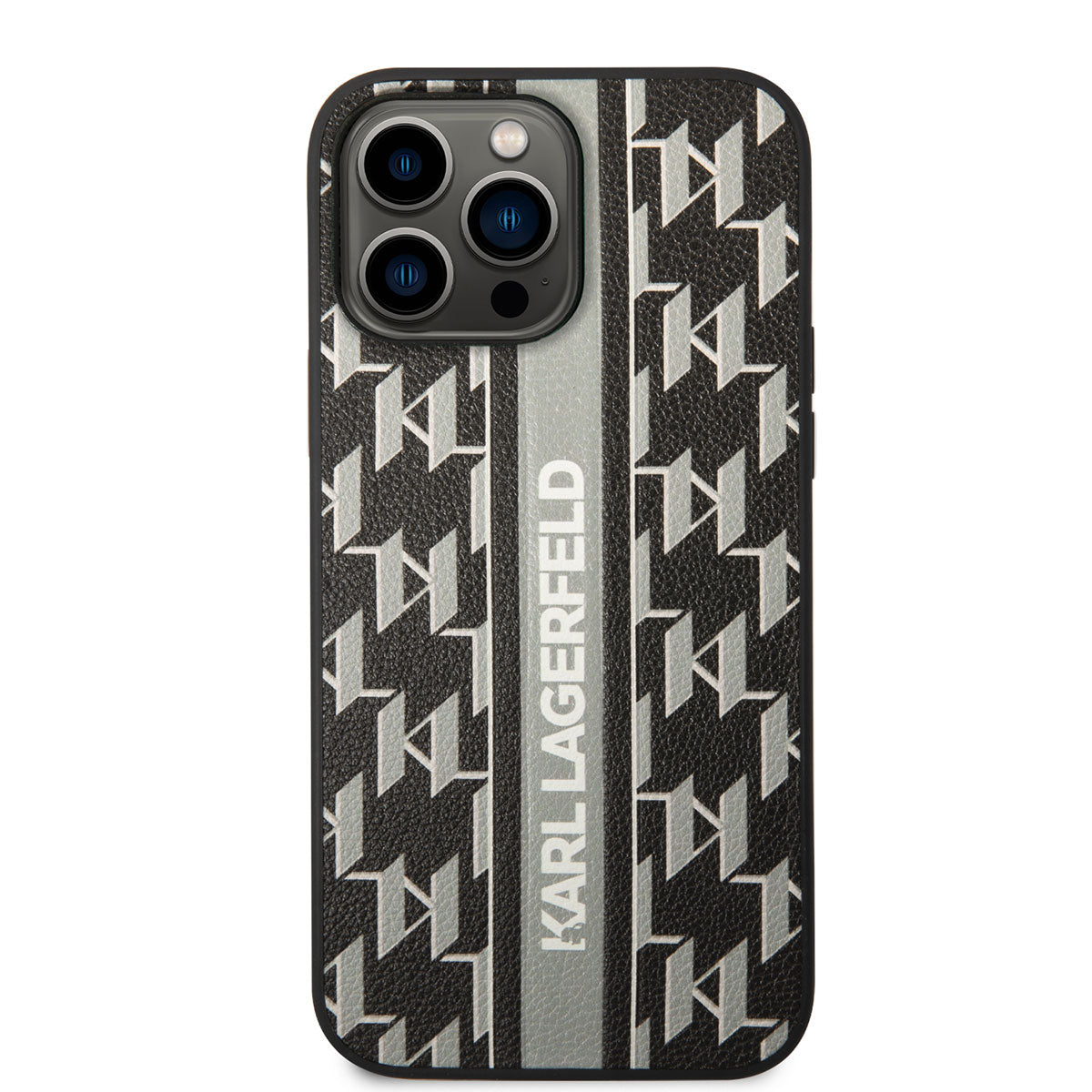 iPhone 14 Pro Max Kılıf Karl Lagerfeld PU Suni Deri Şerit Dizayn Kılıf Gri
