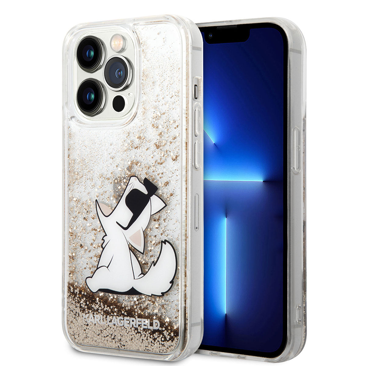 iPhone 14 Pro Max Kılıf Karl Lagerfeld Sıvılı Simli Choupette Dizayn Kılıf Gümüş