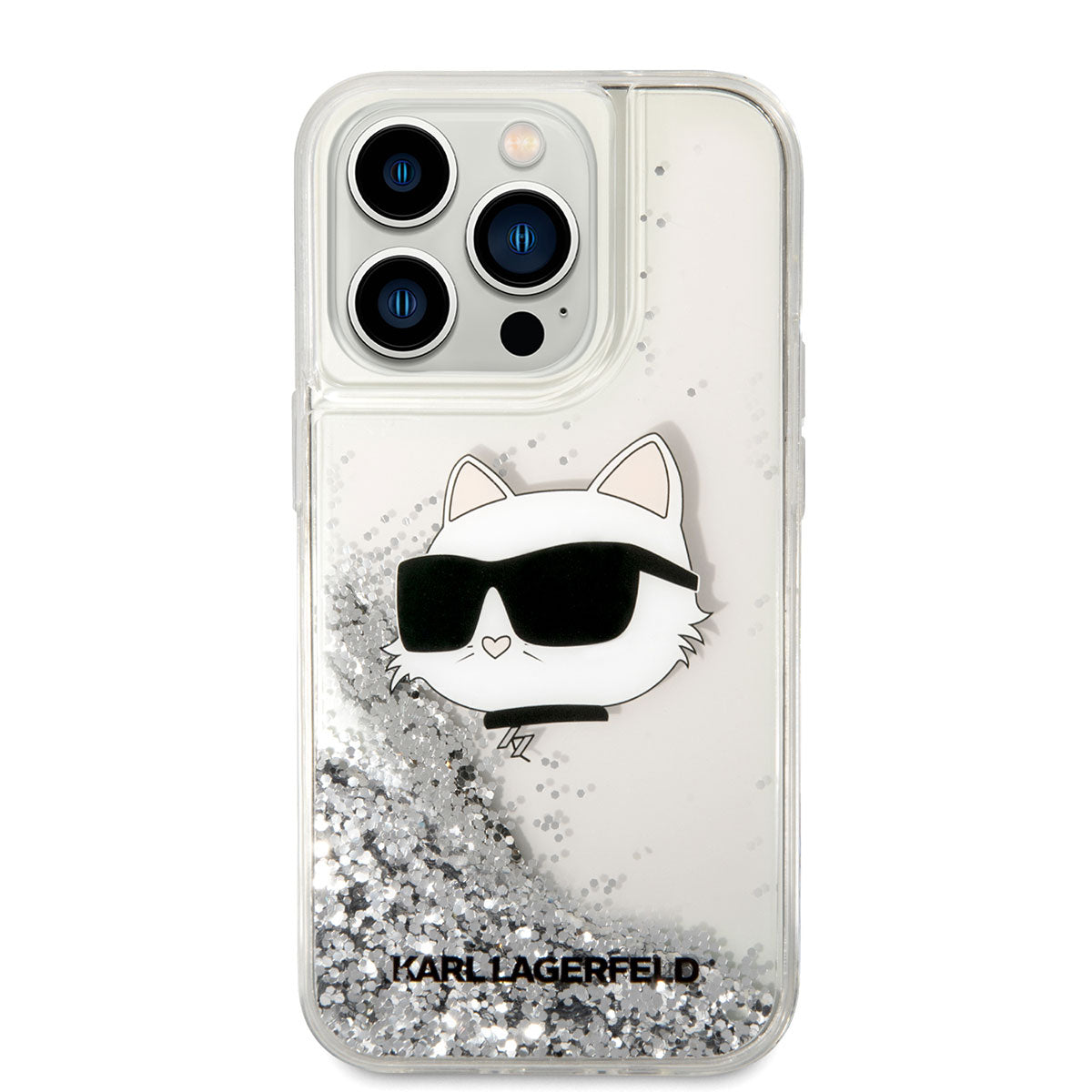 iPhone 14 Pro Max Kılıf Karl Lagerfeld Sıvılı Simli Choupette Head Dizayn Kılıf Gümüş