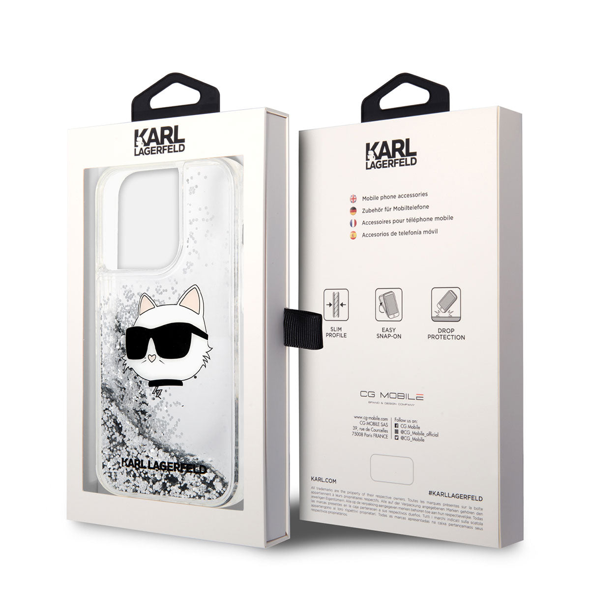 iPhone 14 Pro Max Kılıf Karl Lagerfeld Sıvılı Simli Choupette Head Dizayn Kılıf Gümüş