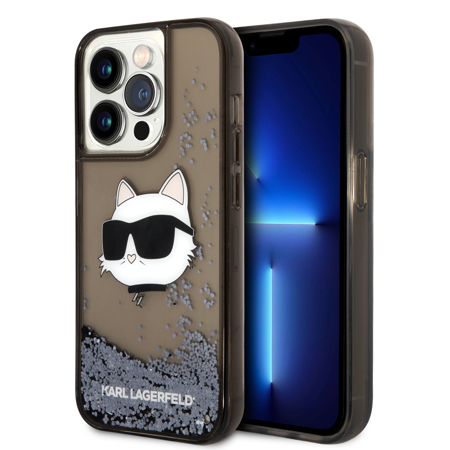 iPhone 14 Pro Max Kılıf Karl Lagerfeld Sıvılı Simli Choupette Head Dizayn Kılıf Gümüş