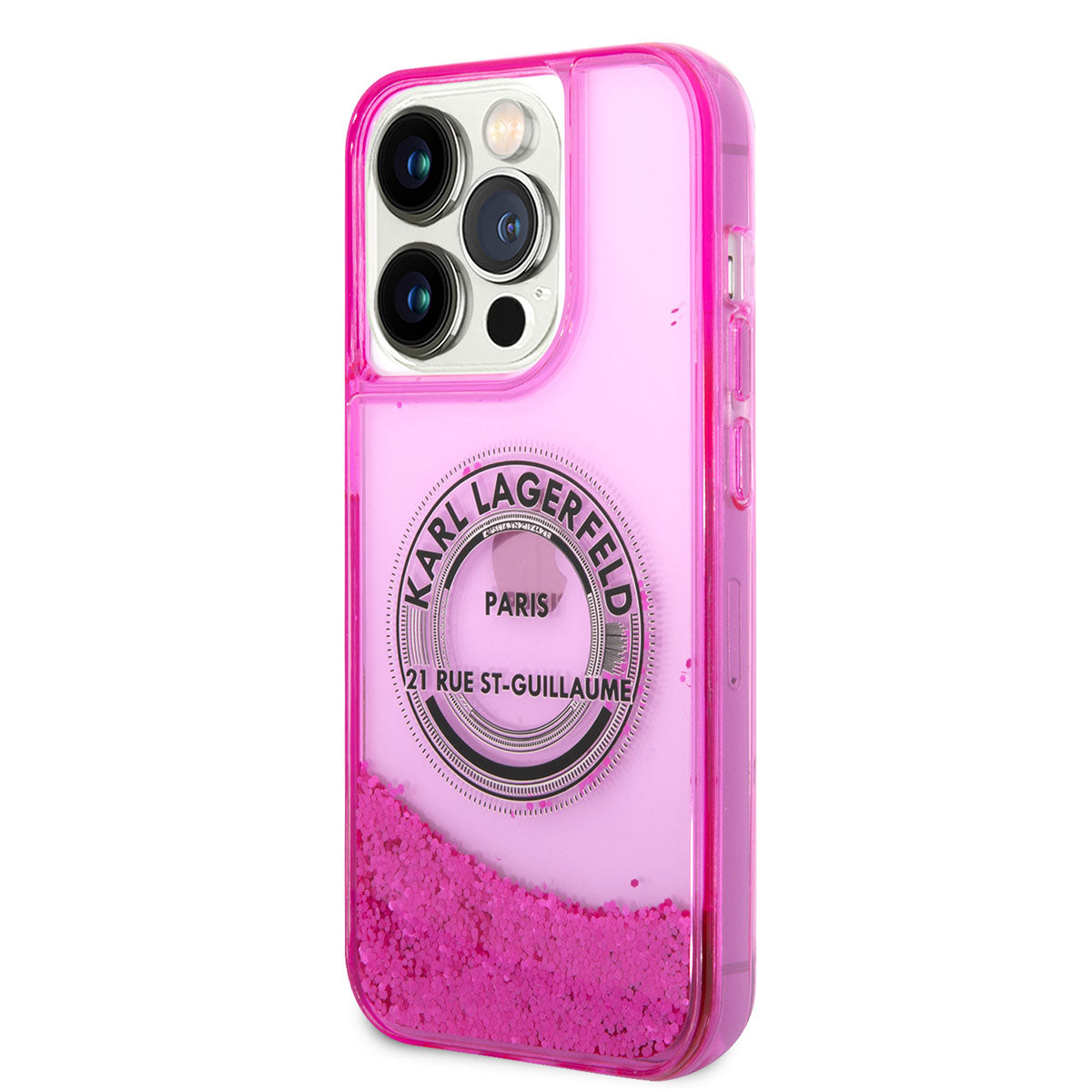 iPhone 14 Pro Max Kılıf Karl Lagerfeld Sıvılı Simli RSG Dizayn Kılıf Pembe